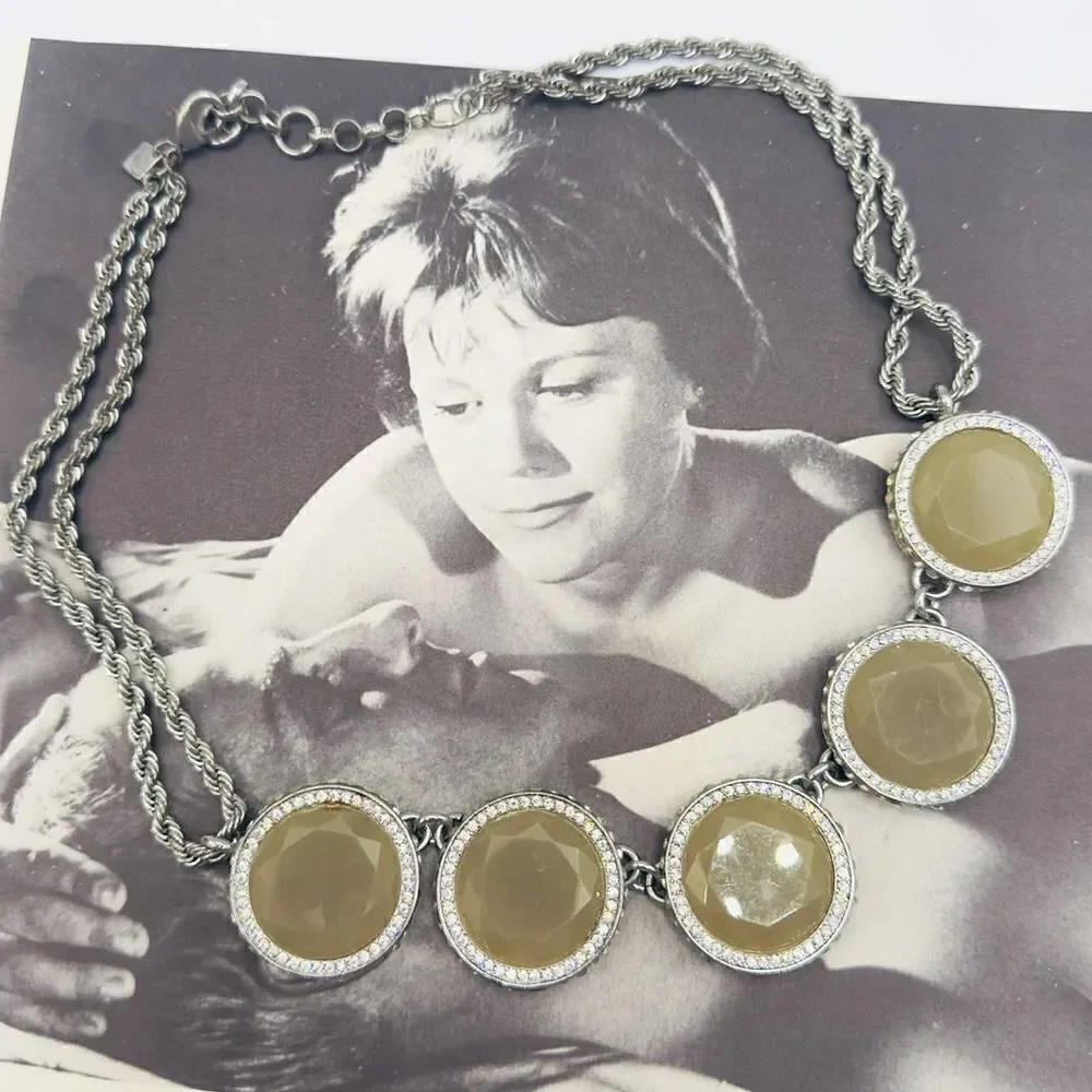 Vintage Banana Republic Large Green Stone Disk Crystal Rope Chain Necklace